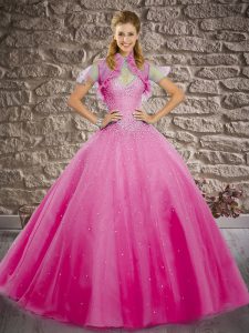 Great Fuchsia Lace Up Halter Top Beading Quince Ball Gowns Tulle Sleeveless Brush Train