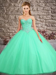 Apple Green Sleeveless Tulle Brush Train Lace Up Ball Gown Prom Dress for Military Ball and Sweet 16 and Quinceanera