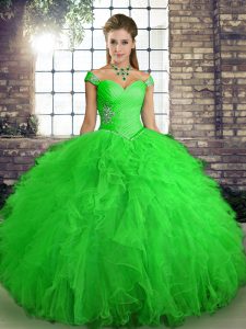 Traditional Green Off The Shoulder Neckline Beading and Ruffles 15 Quinceanera Dress Sleeveless Lace Up