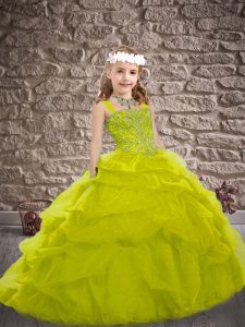 Olive Green Lace Up Little Girl Pageant Gowns Beading and Pick Ups Sleeveless Brush Train