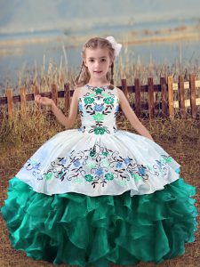 Beauteous Sleeveless Floor Length Embroidery and Ruffles Lace Up Custom Made Pageant Dress with Turquoise