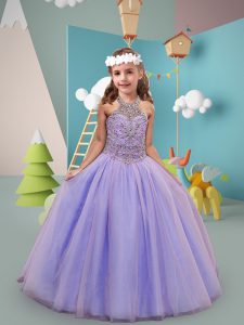 Lavender Ball Gowns Halter Top Sleeveless Tulle Sweep Train Lace Up Beading Kids Formal Wear