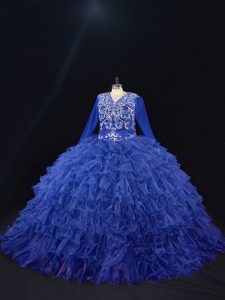 Royal Blue Organza Lace Up Sweet 16 Dresses Long Sleeves Floor Length Beading and Ruffled Layers