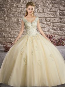 Champagne Ball Gowns V-neck Sleeveless Tulle Floor Length Lace Up Appliques Sweet 16 Dresses