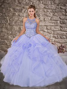 Sumptuous Lavender Sleeveless Beading and Ruffles Lace Up Quince Ball Gowns