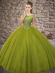 Tulle Off The Shoulder Sleeveless Zipper Beading Quinceanera Dresses in Olive Green