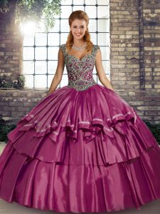 Exceptional Fuchsia Sleeveless Beading and Ruffled Layers Floor Length Quinceanera Gown