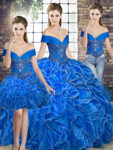 Sleeveless Organza Floor Length Lace Up Quince Ball Gowns in Royal Blue with Beading and Ruffles