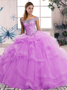 Dramatic Lilac Off The Shoulder Neckline Beading and Ruffles Vestidos de Quinceanera Sleeveless Lace Up