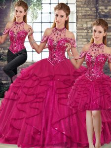 Elegant Halter Top Sleeveless Tulle Quinceanera Dress Beading and Ruffles Lace Up