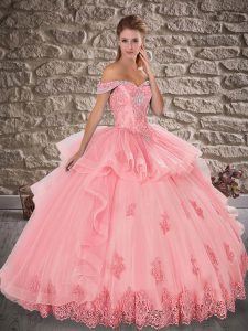Off The Shoulder Sleeveless Ball Gown Prom Dress Floor Length Beading and Lace Watermelon Red Tulle