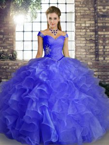 Lovely Blue Lace Up Off The Shoulder Beading and Ruffles Sweet 16 Dresses Organza Sleeveless