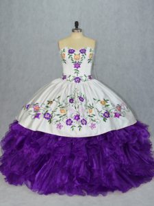 Admirable Sleeveless Floor Length Embroidery and Ruffles Lace Up Quinceanera Dress with White And Purple