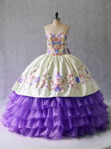 Sleeveless Floor Length Embroidery and Ruffled Layers Lace Up Quinceanera Gowns with Lavender
