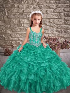 Sweet Lace Up Pageant Gowns For Girls Turquoise for Wedding Party with Beading and Ruffles Brush Train