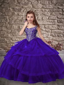 Hot Sale Purple Lace Up Straps Beading and Ruffled Layers Little Girl Pageant Dress Organza Sleeveless Sweep Train
