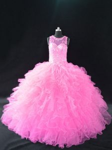 Baby Pink Ball Gowns Scoop Sleeveless Organza Lace Up Beading and Ruffles 15 Quinceanera Dress