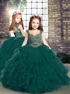 Straps Sleeveless Tulle Child Pageant Dress Beading and Ruffles Lace Up