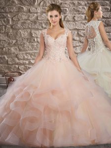 Glamorous Brush Train Ball Gowns Quinceanera Dress Pink Straps Tulle Sleeveless Lace Up