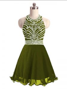 Halter Top Sleeveless Prom Dresses Mini Length Beading Olive Green Chiffon