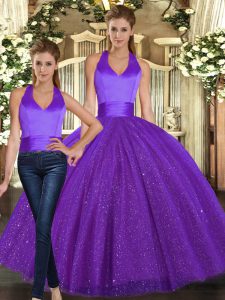 Stunning Halter Top Sleeveless Sequined Vestidos de Quinceanera Ruching Lace Up