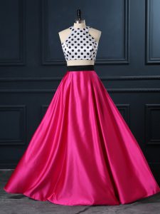 Hot Pink Satin Lace Up Scoop Sleeveless Floor Length Homecoming Dress Ruching