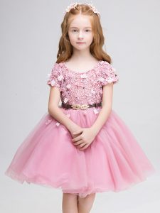 Attractive Pink Scoop Neckline Lace and Belt Flower Girl Dress Short Sleeves Lace Up