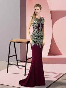 Customized Burgundy Prom Evening Gown Prom and Party with Appliques Scoop Sleeveless Sweep Train Zipper