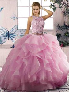 Noble Pink Ball Gowns Beading and Ruffles Quinceanera Dresses Zipper Tulle Sleeveless Floor Length