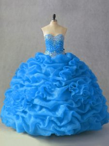 Elegant Floor Length Lace Up Quinceanera Dress Blue for Sweet 16 and Quinceanera with Beading and Pick Ups and Hand Made