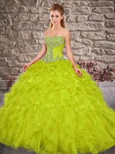 Noble Sweetheart Sleeveless Brush Train Lace Up Quinceanera Gowns Yellow Green Organza