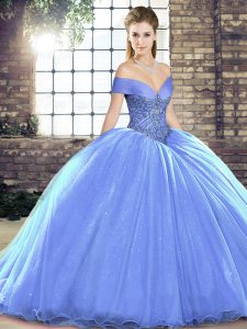 Brush Train Ball Gowns Quince Ball Gowns Lavender Off The Shoulder Organza Sleeveless Lace Up