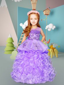 Floor Length Lavender Kids Pageant Dress Organza Sleeveless Beading and Ruffles