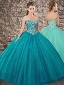 Teal Ball Gowns Tulle Sweetheart Sleeveless Beading Lace Up Ball Gown Prom Dress Brush Train