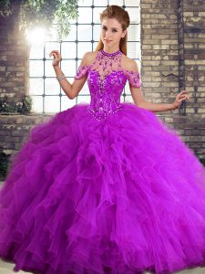 Purple Ball Gowns Halter Top Sleeveless Tulle Floor Length Lace Up Beading and Ruffles Quinceanera Dresses