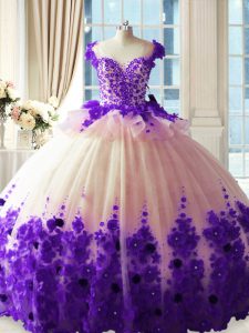 Comfortable White And Purple Zipper Scoop Hand Made Flower Quince Ball Gowns Tulle Sleeveless Brush Train