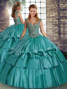 Suitable Teal Taffeta Lace Up Sweet 16 Dresses Sleeveless Floor Length Beading and Ruffled Layers