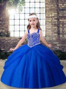 Royal Blue Sleeveless Beading Floor Length Little Girls Pageant Dress