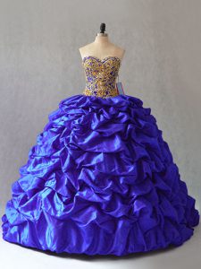 Glittering Royal Blue Ball Gowns Sweetheart Sleeveless Taffeta Brush Train Lace Up Beading and Pick Ups Ball Gown Prom D