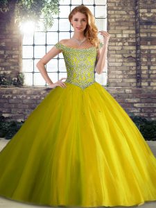 Yellow Green Lace Up 15th Birthday Dress Beading Sleeveless Brush Train