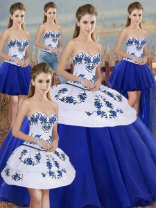 Designer Royal Blue Ball Gowns Embroidery and Bowknot 15th Birthday Dress Lace Up Tulle Sleeveless Floor Length