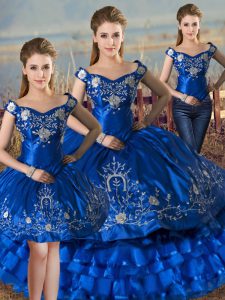 Top Selling Off The Shoulder Sleeveless Lace Up Ball Gown Prom Dress Royal Blue Satin and Organza