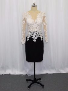 Column/Sheath Prom Gown White And Black Bateau Satin Long Sleeves Mini Length Zipper
