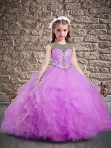 Scoop Sleeveless High School Pageant Dress Sweep Train Beading and Ruffles Lilac Tulle