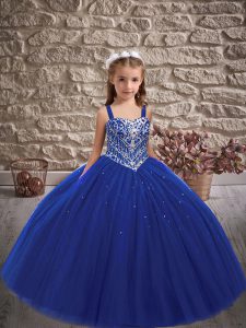 Elegant Ball Gowns Pageant Gowns For Girls Royal Blue Straps Tulle Sleeveless Floor Length Lace Up