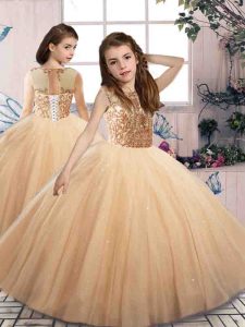 Lovely Sleeveless Floor Length Beading Lace Up Little Girls Pageant Gowns with Champagne