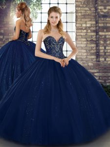 Unique Navy Blue Sweet 16 Dresses Military Ball and Sweet 16 and Quinceanera with Beading Sweetheart Sleeveless Lace Up