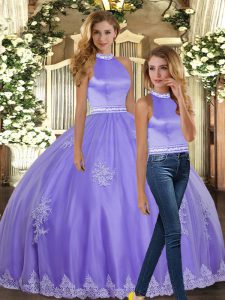 High Quality Lavender Ball Gowns Halter Top Sleeveless Tulle Floor Length Backless Appliques Ball Gown Prom Dress