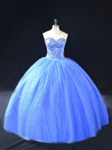 Blue Tulle Lace Up Sweetheart Sleeveless Floor Length Sweet 16 Dress Beading