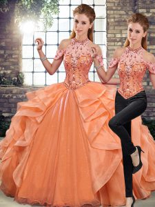 Halter Top Sleeveless Sweet 16 Dresses Floor Length Beading and Ruffles Orange Organza